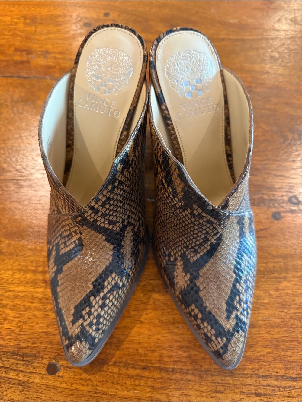Vince Camuto Brown & Black Snakeskin-Print Pointed Mule